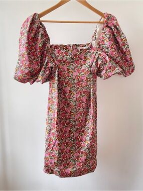 Mango Pink Floral Puff-Sleeve Mini Dress Size 8